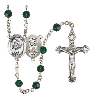 Sterling Silver 6mm Austrian Crystal Saint Christopher/Baseball Rosary in Emerald