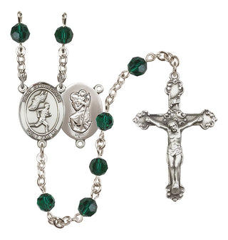 Sterling Silver 6mm Austrian Crystal Saint Christopher/Track&Field-Men Rosary in Emerald