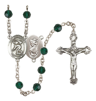 Sterling Silver 6mm Austrian Crystal Saint Christopher/Swimming Rosary in Emerald