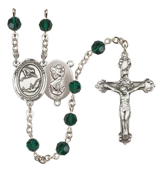 Sterling Silver 6mm Austrian Crystal Saint Christopher/Gymnastics Rosary in Emerald