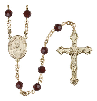 14 Karat Gold-Filled 6mm Austrian Crystal Saint Maximilian Kolbe Rosary in Garnet