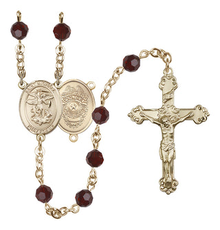 14 Karat Gold-Filled 6mm Austrian Crystal Saint Michael the Archangel/Policeman Rosary in Garnet