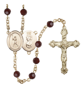 14 Karat Gold-Filled 6mm Austrian Crystal Saint Christopher/Baseball Rosary in Garnet