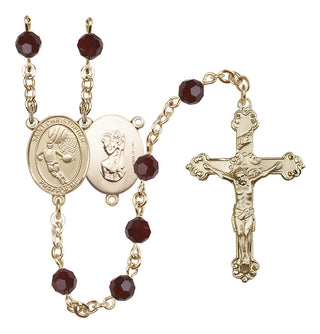 14 Karat Gold-Filled 6mm Austrian Crystal Saint Christopher/Basketball Rosary in Garnet