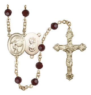 14 Karat Gold-Filled 6mm Austrian Crystal Saint Christopher/Soccer Rosary in Garnet