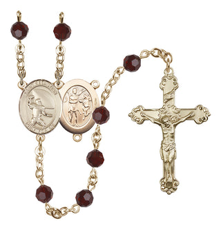 14 Karat Gold-Filled 6mm Austrian Crystal Saint Sebastian / Football Rosary in Garnet