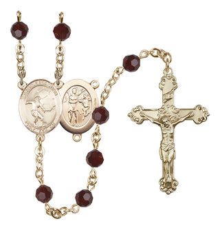 14 Karat Gold-Filled 6mm Austrian Crystal Saint Sebastian / Soccer Rosary in Garnet