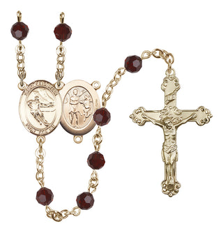 14 Karat Gold-Filled 6mm Austrian Crystal Saint Sebastian / Hockey Rosary in Garnet
