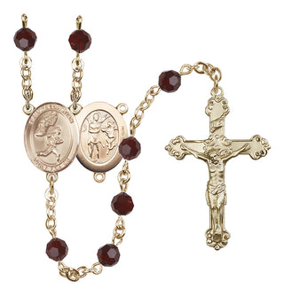 14 Karat Gold-Filled 6mm Austrian Crystal Saint Sebastian /Track&Field-Men Rosary in Garnet