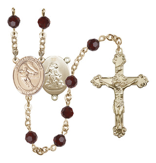 14 Karat Gold-Filled 6mm Austrian Crystal Guardian Angel/Hockey Rosary in Garnet