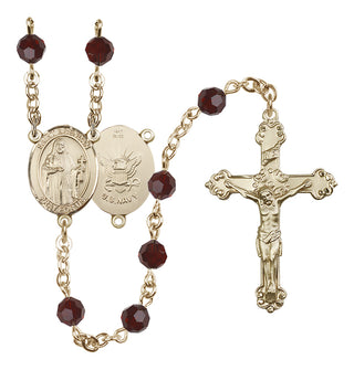 14 Karat Gold 6mm Austrian Crystal Saint Brendan the Navigator/Navy Rosary in Garnet