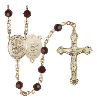 14 Karat Gold 6mm Austrian Crystal Saint George / Navy Rosary in Garnet