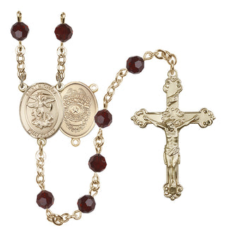 14 Karat Gold 6mm Austrian Crystal Saint Michael the Archangel/Policeman Rosary in Garnet