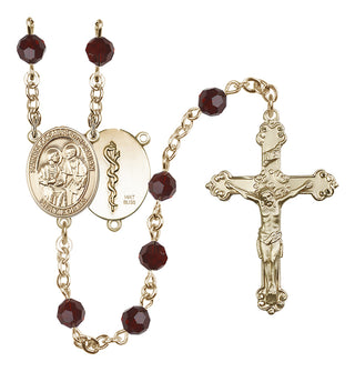 14 Karat Gold 6mm Austrian Crystal Saints Cosmas & Damian / Doctors Rosary in Garnet