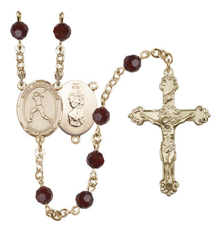 14 Karat Gold 6mm Austrian Crystal Saint Christopher/Softball Rosary in Garnet