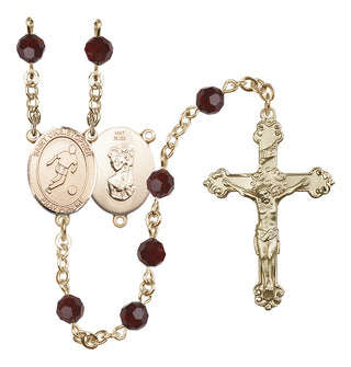 14 Karat Gold 6mm Austrian Crystal Saint Christopher/Soccer Rosary in Garnet
