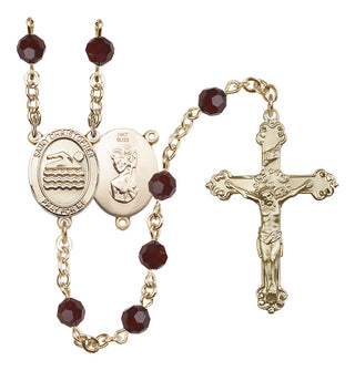 14 Karat Gold 6mm Austrian Crystal Saint Christopher/Swimming Rosary in Garnet