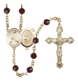 14 Karat Gold 6mm Austrian Crystal Saint Sebastian/Baseball Rosary in Garnet