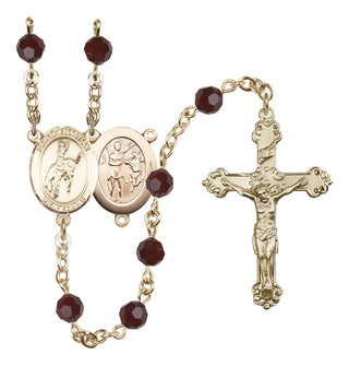 14 Karat Gold 6mm Austrian Crystal Saint Sebastian / Rodeo Rosary in Garnet