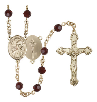 14 Karat Gold 6mm Austrian Crystal Saint John Paul II Rosary in Garnet