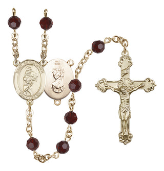 14 Karat Gold 6mm Austrian Crystal Saint Christopher/Softball Rosary in Garnet