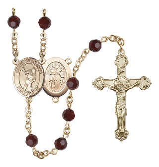 14 Karat Gold 6mm Austrian Crystal Saint Sebastian/Lacrosse Rosary in Garnet