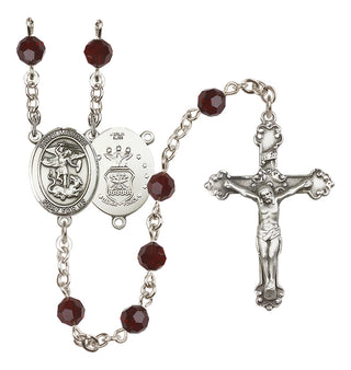 Sterling Silver 6mm Austrian Crystal Saint Michael / Air Force Rosary in Garnet