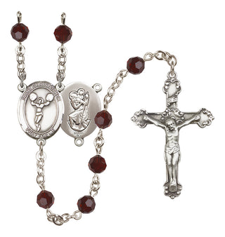 Sterling Silver 6mm Austrian Crystal Saint Christopher/Cheerleading Rosary in Garnet