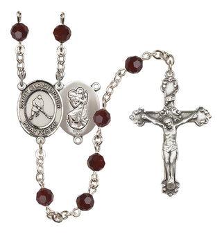 Sterling Silver 6mm Austrian Crystal Saint Christopher/Ice Hockey Rosary in Garnet