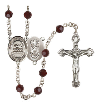 Sterling Silver 6mm Austrian Crystal Saint Christopher/Swimming Rosary in Garnet