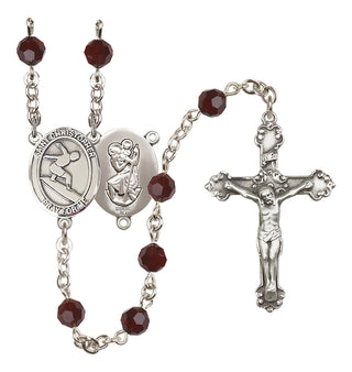 Sterling Silver 6mm Austrian Crystal Saint Christopher/Surfing Rosary in Garnet