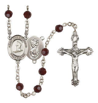 Sterling Silver 6mm Austrian Crystal Saint Christopher / Skiing Rosary in Garnet