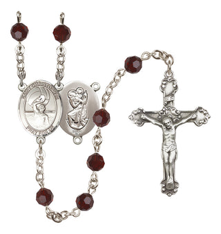 Sterling Silver 6mm Austrian Crystal Saint Christopher/Water Polo Men Rosary in Garnet