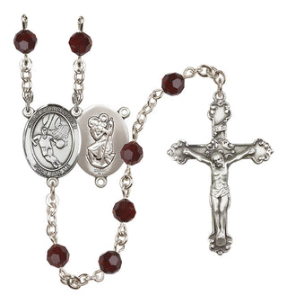 Sterling Silver 6mm Austrian Crystal Saint Christopher/Basketball Rosary in Garnet