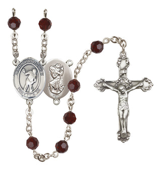 Sterling Silver 6mm Austrian Crystal Saint Christopher/Lacrosse Rosary in Garnet