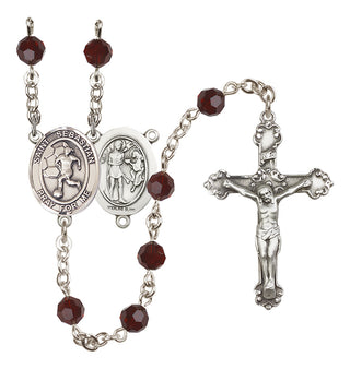 Sterling Silver 6mm Austrian Crystal Saint Sebastian/Soccer-Women Rosary in Garnet