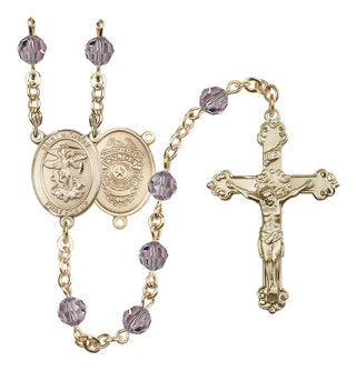 14 Karat Gold-Filled 6mm Austrian Crystal Saint Michael the Archangel/Policeman Rosary in Light Amethyst