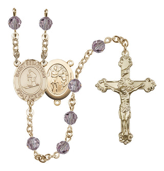 14 Karat Gold-Filled 6mm Austrian Crystal Saint Sebastian/Skiing Rosary in Light Amethyst