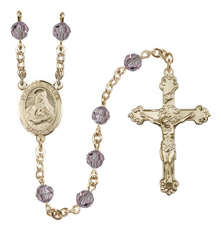 14 Karat Gold 6mm Austrian Crystal Saint Frances Cabrini Rosary in Light Amethyst