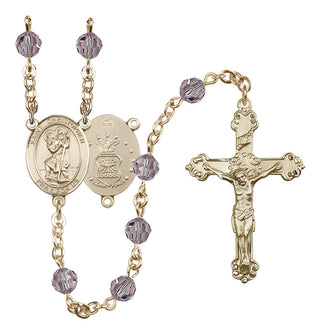 14 Karat Gold 6mm Austrian Crystal Saint Christopher / Air Force Rosary in Light Amethyst