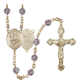14 Karat Gold 6mm Austrian Crystal Saint George / Coast Guard Rosary in Light Amethyst