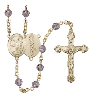 14 Karat Gold 6mm Austrian Crystal Saint Luke the Apostle / Doctor Rosary in Light Amethyst