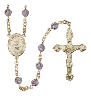 14 Karat Gold 6mm Austrian Crystal Saint Maximilian Kolbe Rosary in Light Amethyst