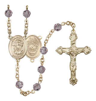 14 Karat Gold 6mm Austrian Crystal Saint Michael the Archangel/Policeman Rosary in Light Amethyst