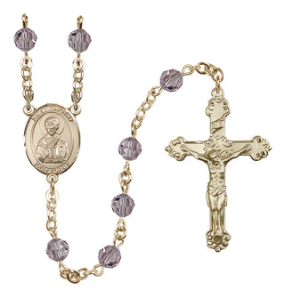 14 Karat Gold 6mm Austrian Crystal Saint Timothy Rosary in Light Amethyst
