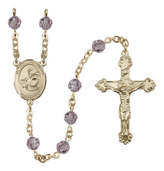 14 Karat Gold 6mm Austrian Crystal Saint Thomas Aquinas Rosary in Light Amethyst