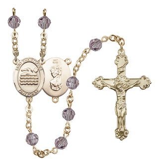 14 Karat Gold 6mm Austrian Crystal Saint Christopher/Swimming Rosary in Light Amethyst