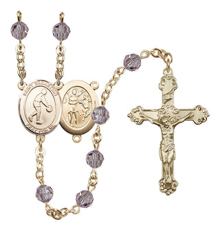 14 Karat Gold 6mm Austrian Crystal Saint Sebastian/Basketball Rosary in Light Amethyst