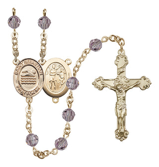 14 Karat Gold 6mm Austrian Crystal Saint Sebastian/Swimming Rosary in Light Amethyst