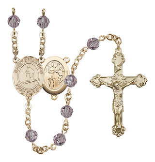 14 Karat Gold 6mm Austrian Crystal Saint Sebastian/Skiing Rosary in Light Amethyst